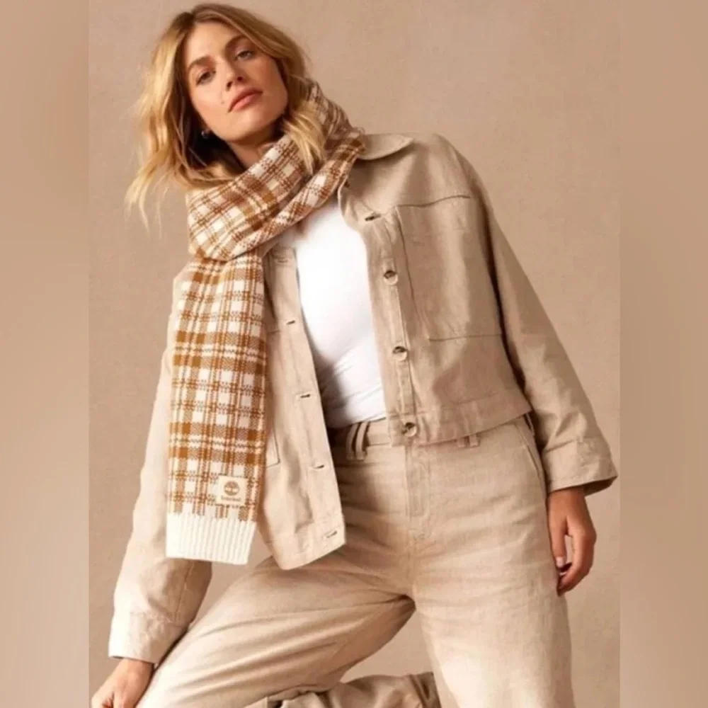 Timberland Brown and Cream Checkered Scarf NWT 64”X 10”